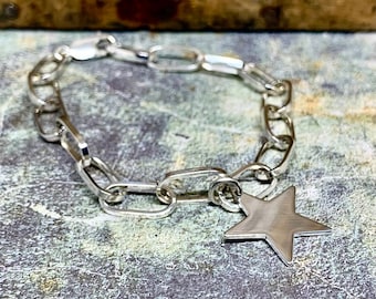 Handmade Sterling Silver Paperclip Bracelet with Heart or Moon Charm