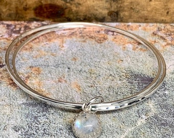 Sterling Silver Bangles with Moonstone Charm