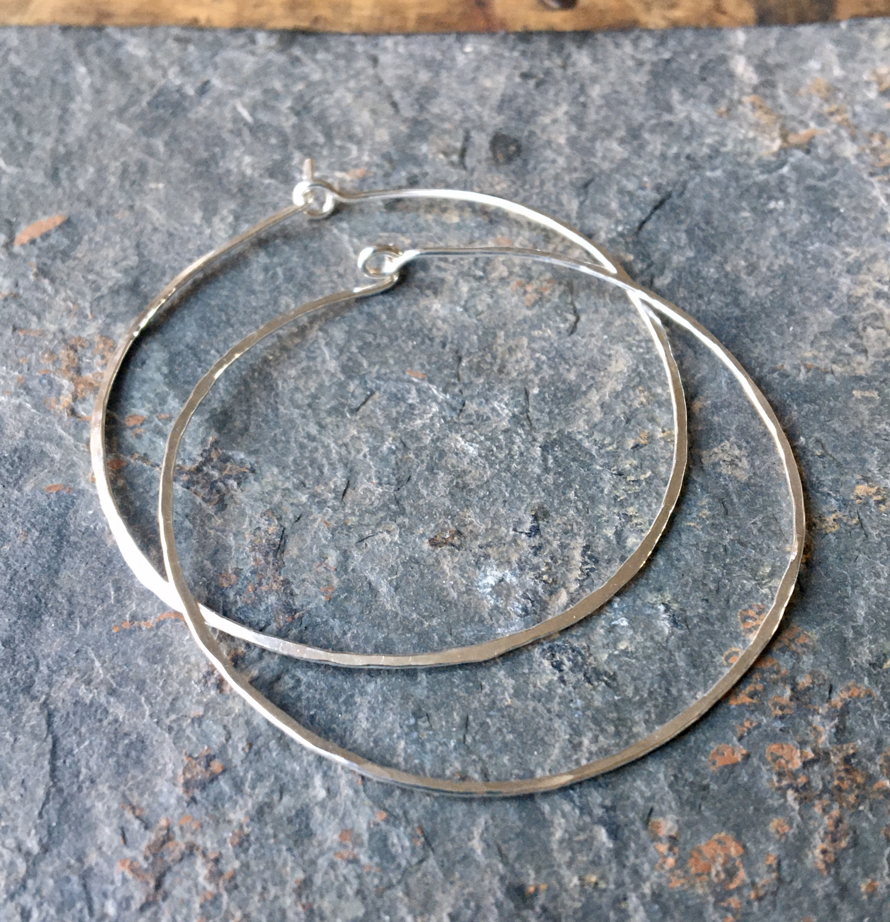Handmade Textured Sterling Silver Hoop Earrings | Extra Large Threader Hoop Earrings 925 Silver