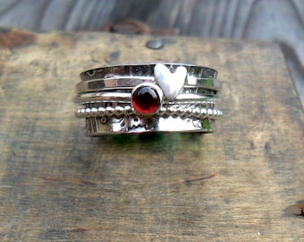 Garnet and Heart Sterling Silver Spinner Ring Sizes F-S