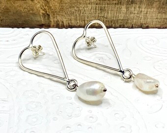 Silver Hearts & Baroque Pearl stud Earrings