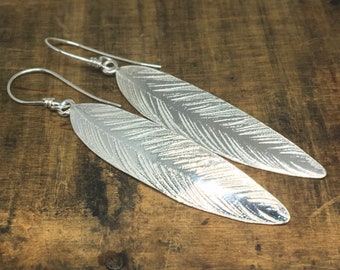 Long Sterling Silver Feather Embossed Earrings