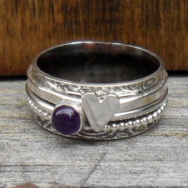 Silver Spinner Ring, Amethyst & Heart Spinner Ring, Silver Fidget Ring Silver Meditation Ring
