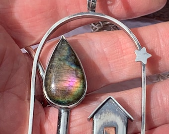 Handmade Silver Labradorite Tree & House Pendant