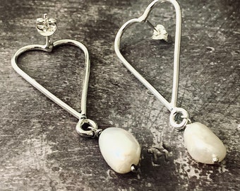 Silver Hearts & Baroque Pearl stud Earrings