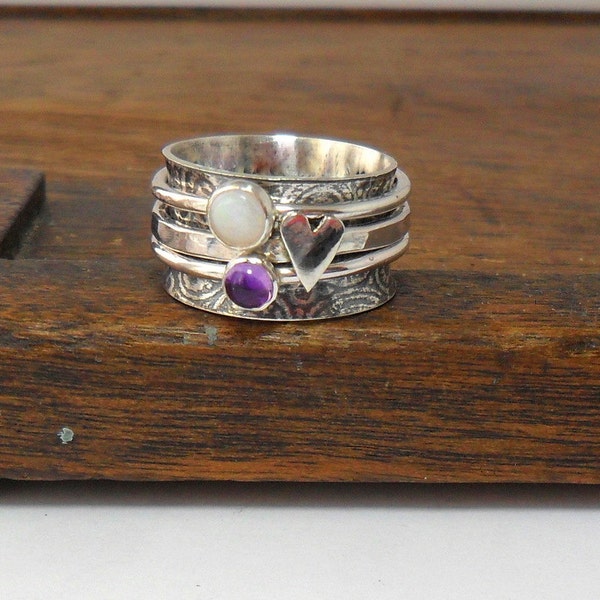 Opal Amethyst & Heart 3 Spinner Ring