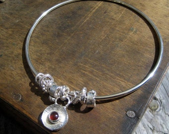 Sterling Silver Garnet Charm Bangle