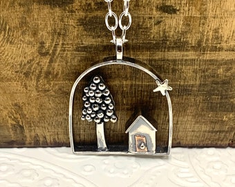 Hand Crafted Silver Tree & Beach Hut Necklace