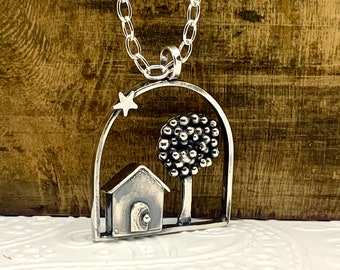 Silver Tree & Beach Hut Necklace Hand Crafted