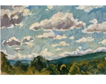 Original Landscape Painting - Summer Afternoon Sky/Berkshires- 12x18 Oil on Linen, Impressionist Plein Air Fine Art, Signed Original
