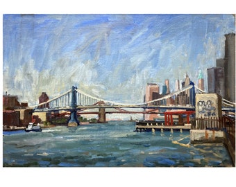 New York Cityscape Painting - Brooklyn Manhattan Bridges/NYC - 12x18 Oil on Linen, Signed Original Plein Air Impressionist Fine Art