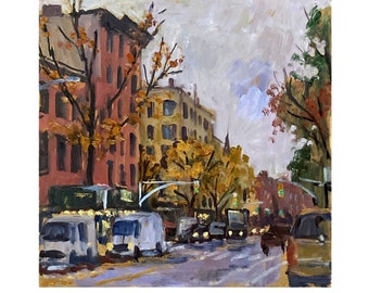 East Village Cityscape -Autumn Rain on Avenue A/NYC- 12x12 Oil on Panel, New York Urban Impressionist Landscape, Signed Original Fine Art