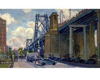 New York Cityscape Painting -Williamsburg Bridge/NYC- 14x20 Oil on Panel, Urban Plein Air Impressionist Fine Art, Signed Original Landscape