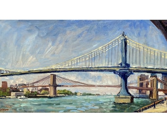 Brooklyn Manhattan Bridges/NYC - New York Cityscape Painting, 10x20 Oil on Linen, Signed Original Plein Air Impressionist Fine Art