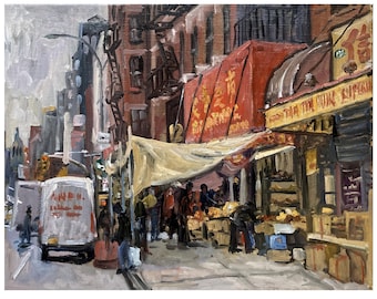 Chinatown Market/NYC Rain - New York Cityscape Painting, 11x14 Oil on Canvas