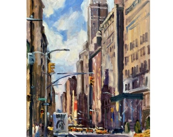 Down 7th Ave/NYC- New York Cityscape Painting, 12x16 Oil on Panel, Urban Impressionist Landscape, Signed Original American Realist Artwork