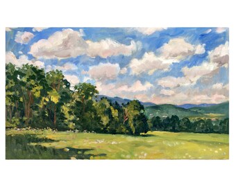 Original Berkshires Landscape Painting - Rolling Hills/Summer Sky - 12x20 Oil on Linen, Plein Air Impressionism, Signed Original Fine Art