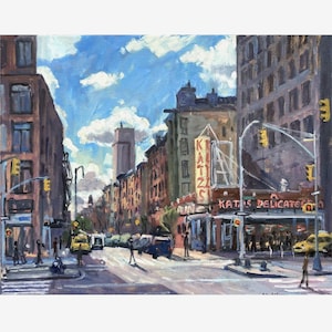 New York Cityscape Painting - Katz&#39;s Deli/NYC - 16x20 Oil on Linen, Lower East Side Impressionist Street Scene, Signed Original