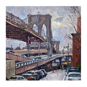 New York Cityscape Painting -Blue Light/Brooklyn Bridge/NYC- 10x10 Oil on Panel, Urban Impressionist Landscape, Signed Original Fine Art