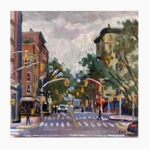 Small Oil Painting - NYC Rain/Avenue C - 8x8 Oil on Panel, New York Urban Impressionist Landscape, Signed Original East Village Cityscape