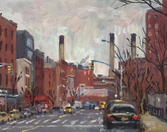 New York Cityscape Painting - Twilight on Avenue D/NYC- 9x12 Oil on Panel, Urban Impressionist Landscape, American Realist Signed Original