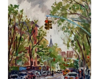 East Village Cityscape Painting -Avenue A/NYC Rain- 8x10 Oil on Canvas, New York Urban Impressionist Fine Art, Signed Original Landscape