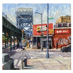 Bronx Cityscape Painting - C-Town/Marble Hill/NYC - 12x12 Oil on Panel, Urban Impressionist Fine Art, Signed Original New York Landscape