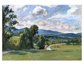May include: An oil painting depicts a serene landscape with a winding road through a green field. Trees line the road and frame the view of distant blue mountains under a cloudy sky. The artwork uses a palette of greens, blues, and whites.