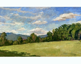 Rolling Hills/Summer Sky- 12x22 Oil on Linen, Berkshires Landscape Painting, Plein Air Impressionist Fine Art, Signed Original