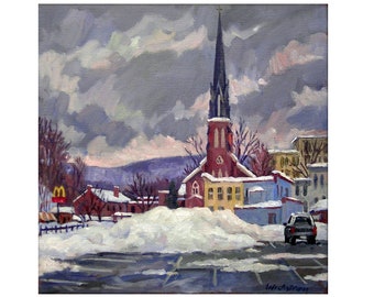 Original Winter Landscape Painting -St Francis Church/Deep Snow/N Adams- 12x12 Oil on Canvas, Impressionist Scene, Signed Original Fine Art