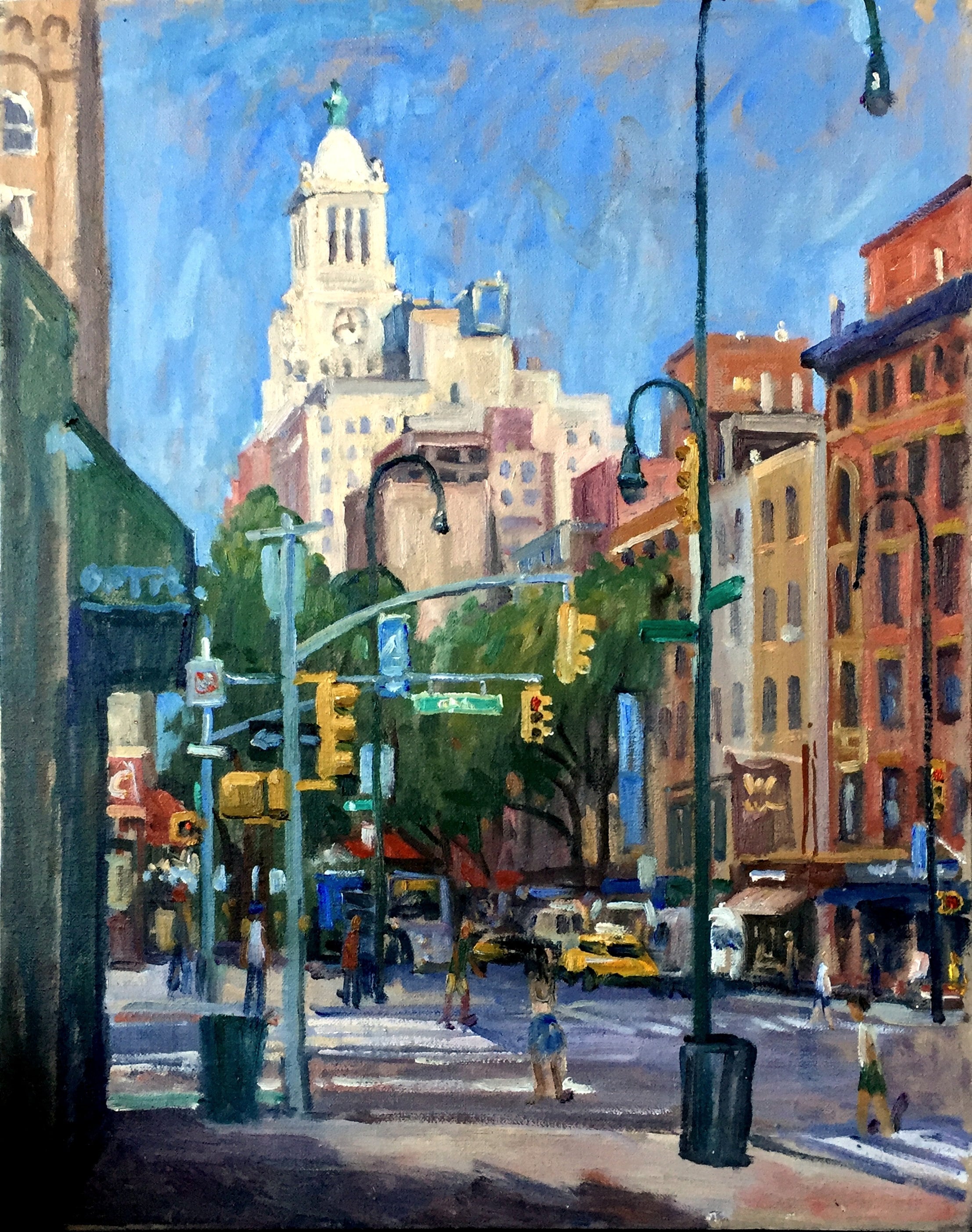 都市景観画 - 朝の光/ニューヨーク14番街 - 16x20 キャンバスに 都市景観画 - 朝の光/ニューヨーク14番街 - 16x20 キャンバスに