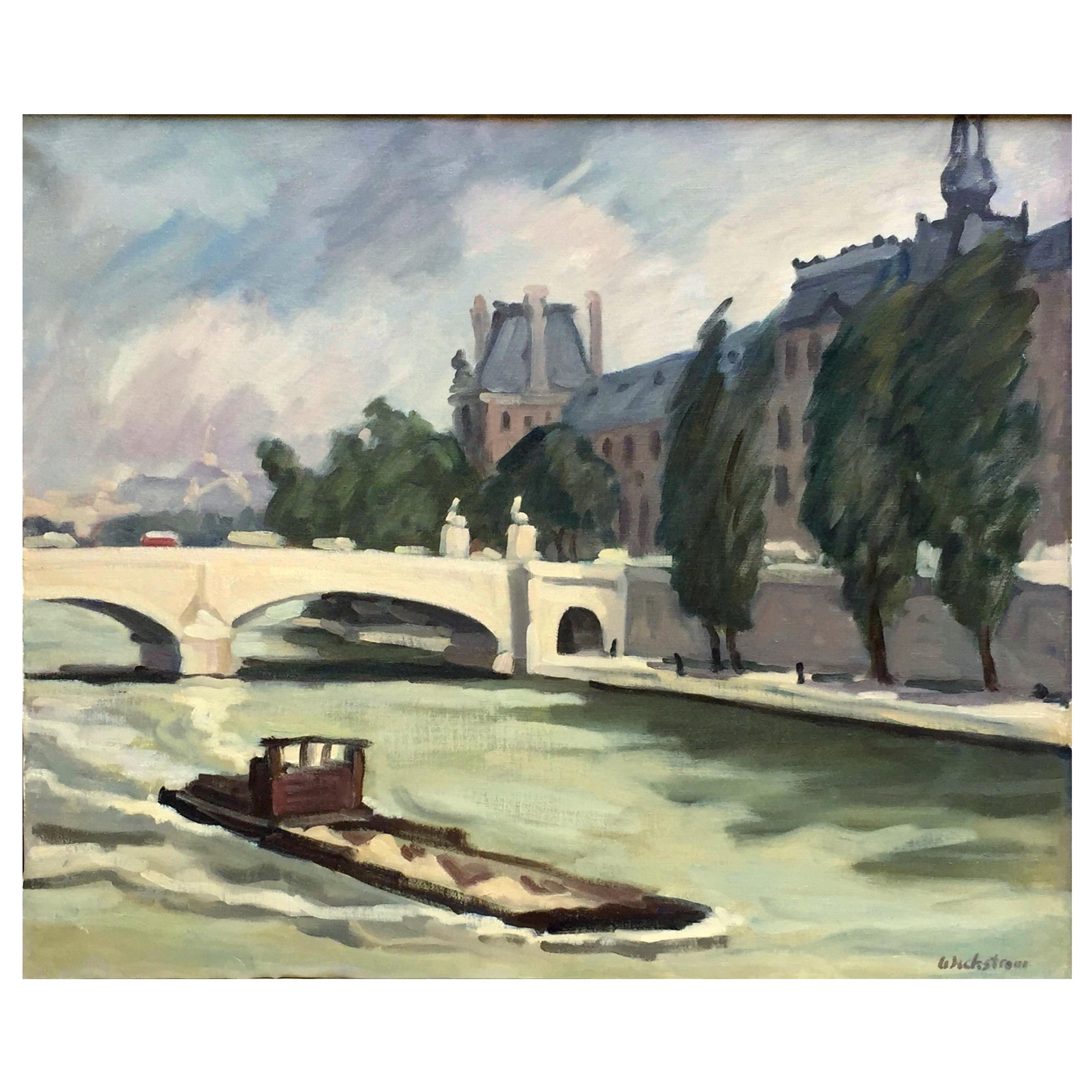 パリの街並みの絵画 - セーヌ川とルーブル橋 - 20x24 キャンバスに油彩