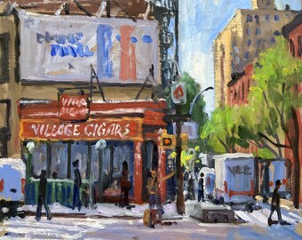 Village Cigars/West Village - New York Cityscape Painting, 12x12 Oil on Panel, Contemporary NYC Urban Impressionism, Original Fine Art