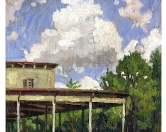 Tanglewood Landscape Painting - Shed and Sky - 8x8 Oil on Panel