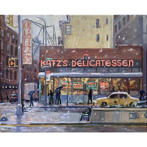 New York Cityscape Painting - Katz&#39;s Delicatessen/NYC Winter - 16x20 Oil on Canvas, Impressionist Snow Scene, Signed Original Fine Art