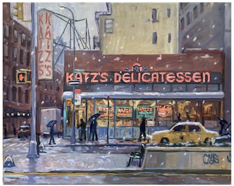 May include: A painting of Katz's Delicatessen in New York City on a snowy day. The iconic red neon sign reads "Katz's Delicatessen". There are people walking on the sidewalk in front of the deli, and a yellow taxi cab is parked in front of the building.