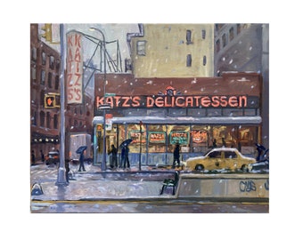 Katz's Delicatessen/NYC - Winter Cityscape Painting, 16x20 Oil on Canvas, New York Impressionist Snow Scene