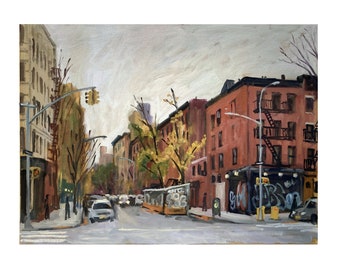 Large East Village Cityscape Painting - From 6th St and A/NYC - 18x24 Oil on Linen, Urban Plein Air Impressionist Landscape, Signed Original