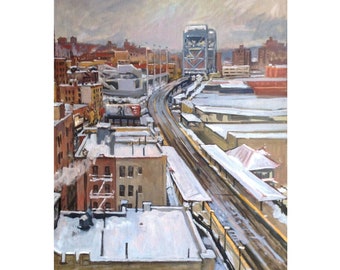 Large NYC Winter Landscape Painting - Snowy Rooftops/Inwood- 24x30 Oil on Linen, New York Snow Scene, Signed Original Cityscape