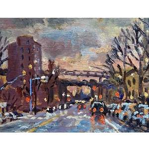Small New York Cityscape Painting -Twilight on Columbia St/NYC - 5x7 Oil on Panel, Urban Impressionist Landscape, Signed Original