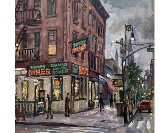 New York Night Scene Painting - The Waverly Diner/NYC Nocturne- 12x12 Oil on Panel, Urban Impressionism, Signed Original Cityscape