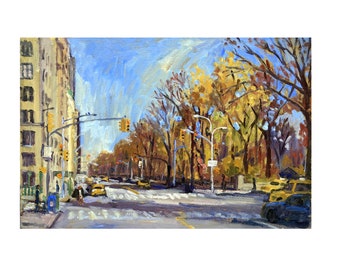 Upper West Side Cityscape Painting - Along Central Park West/NYC - 12x18 Oil on Panel, Signed New York Original