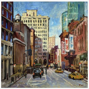 New York Cityscape Painting - Up Lafayette/The Public Theater/NYC - 12x12 Oil on Panel, Impressionist Landscape, Signed Original Fine Art