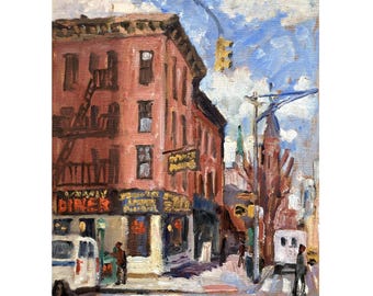 Puede incluir: Una pintura de una escena de calle de la ciudad con un edificio de ladrillo rojo con un letrero que dice "Varsity Diner". Hay una camioneta blanca estacionada frente al edificio. El cielo es azul con nubes blancas.