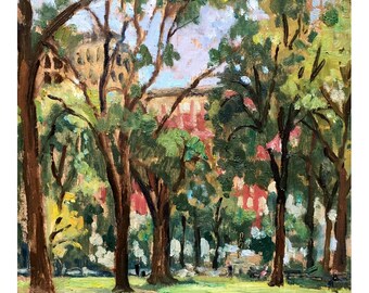 Original NYC Cityscape Painting -Madison Square Park/Summer Light- 8x8 Oil on Panel, New York Impressionist Fine Art, Signed Landscape