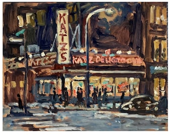 May include: An oil painting depicts Katz's Delicatessen at night. The sign reads "KATZ'S" in red and white. The storefront is lit, with figures visible inside and out. A street lamp illuminates the scene, with a dark car parked on the street.