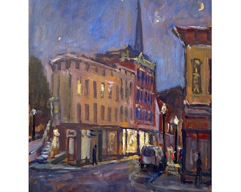 Summer Nocturne/North Adams - 11x14 Night Cityscape Painting