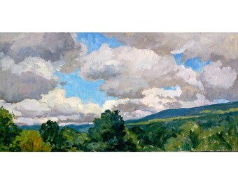 Summer Sky/Berkshires - Original Landscape Painting - 10x20 Oil on Panel, Signed Plein Air Impressionism, Contemporary Fine Art