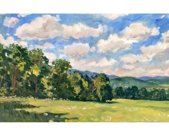 Original Berkshires Landscape Painting - Rolling Hills/Summer Sky - 12x20 Oil on Linen, Plein Air Impressionism, Signed Original Fine Art