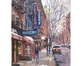 Veniero's NYC/Morning Snow - New York City Winter Street Scene, 16x20 Oil on Linen, East Village Cityscape Painting, Signed Original